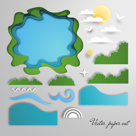 Vector set for design. Paper cut style. Pond, waves, sun and clouds, grass.のイラスト素材