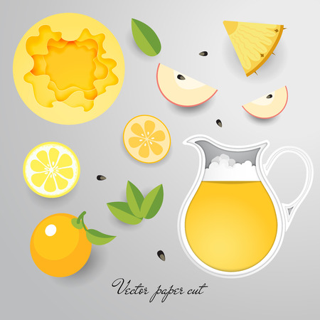 Paper cut vector design. Jug with yellow drink, fruits and mint.のイラスト素材