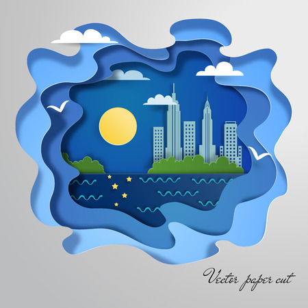 Silhouette of city at night in style of paper cut.のイラスト素材