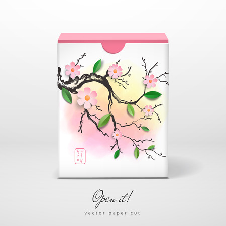 Vector box. Sakura branch. Paper cut design. Open it.のイラスト素材