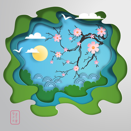 Multilayer vector illustration with sakura branch, sun and clouds. Paper cut art. The inscription in Japanese style - Spring.のイラスト素材