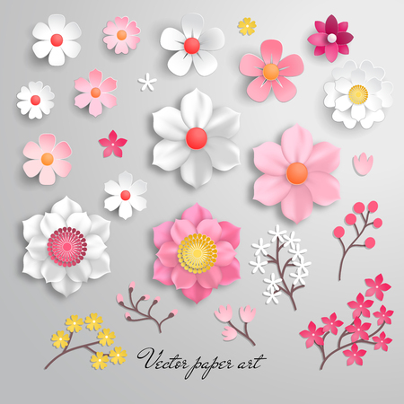 Vector set for design with flowers. Paper cut art.のイラスト素材