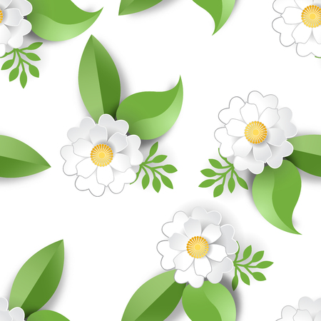 Seamless vector background with white flowers and leaves. Paper cut design.のイラスト素材