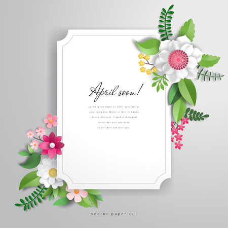 Vector advertisement with scalloped corners. Floral 3d pattern with paper flowers and leaves. Inscription April soon.のイラスト素材