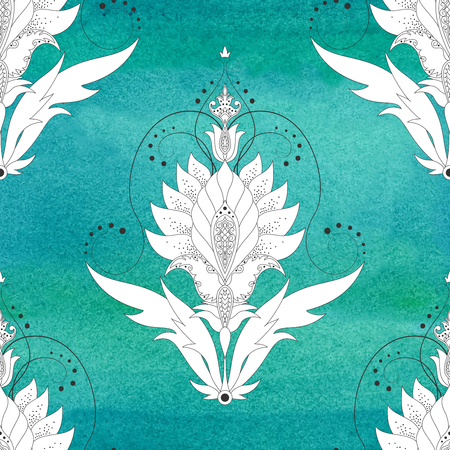 Blue vector seamless hand drawing background. Oriental flowers on watercolor background.のイラスト素材
