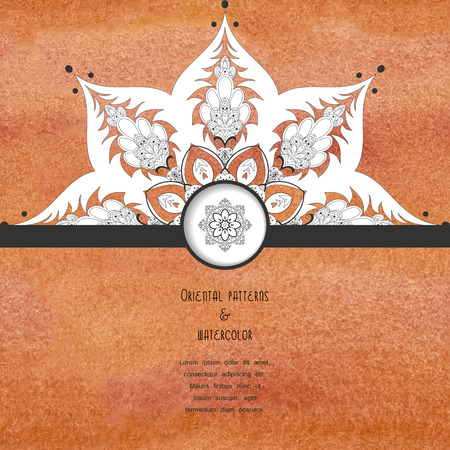 Vector card. Pattern of flowers in oriental style on orange aquarell background. Hand drawing. Place for your text.のイラスト素材