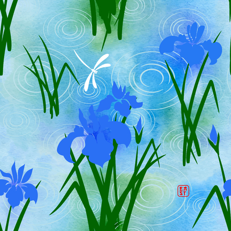 Seamless water vector background in oriental style. Watercolor hand drawing pattern with irises and dragonfly. Inscription East.のイラスト素材