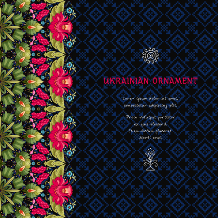 Vector card with floral border. Dark backdrop. Style of Petrykivka painting. Ukrainian pattern. Ornament on backdrop similar to cross stitch. Place for your text.のイラスト素材