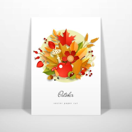 Autumn composition with berries, apple, mushroom and leaves. Card standing at the wall. Mockup for design with shadowのイラスト素材