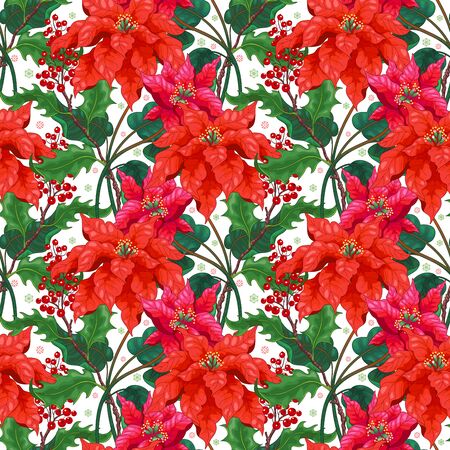 Seamless background with Poinsettia flowers and holly on winter ornamentのイラスト素材