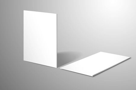 Two blank white business cards. One stands upright the second lies on the surface. Realistic branding templateのイラスト素材