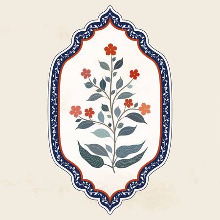 Oriental vintage ornament with flower branches in a curly frame. Indian Textile Styleのイラスト素材