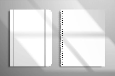 Notebook with a spiral and a notebook with an elastic band. Mockup for design with light from a windowのイラスト素材