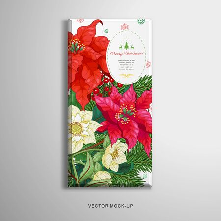Christmas chocolate bar packaging. Poinsettia flowers, berries, hellebore and fir-tree. Winter ornament on backdrop. Place for your textのイラスト素材