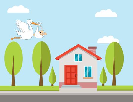 Stork and baby with house vector illustration のイラスト素材