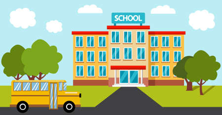 High school building with school bus