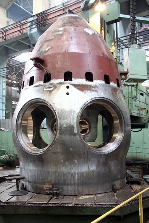 Industrial production of turbines for heavy industry. Huge steel turbine components. Industrial....