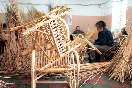 Production of furniture from the vine. Factory of creation of natural furniture. Manual production of furniture from wood. Wicker chair.の写真素材