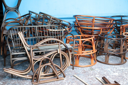 Production of furniture from the vine. Factory of creation of natural furniture. Manual production of furniture from wood. Wicker chair.の写真素材