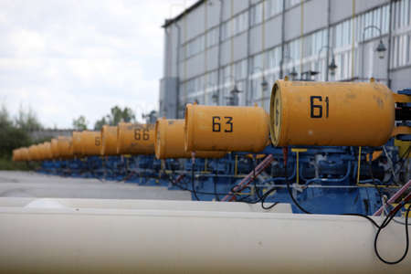 Gas transport system. Booster pumping station for gas. filling station and gas tanks. Transportation...