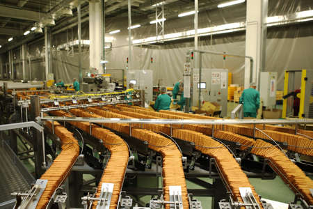 A lot of cookies on the production line. The flow of sweets before packaging. Packing crackers on...