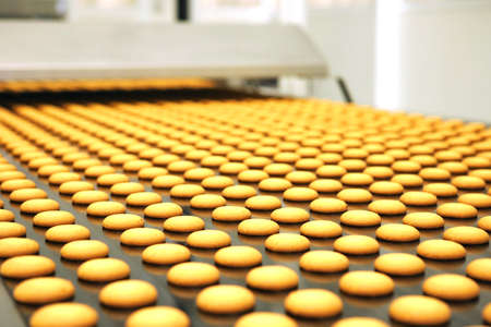Controlling the work of huge conveyor machine producing spice cakes at the confectionary plant. Cookie production line. Innovative biscuit production..の写真素材