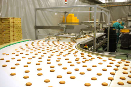 Controlling the work of huge conveyor machine producing spice cakes at the confectionary plant. Cookie production line. Innovative biscuit production..の写真素材