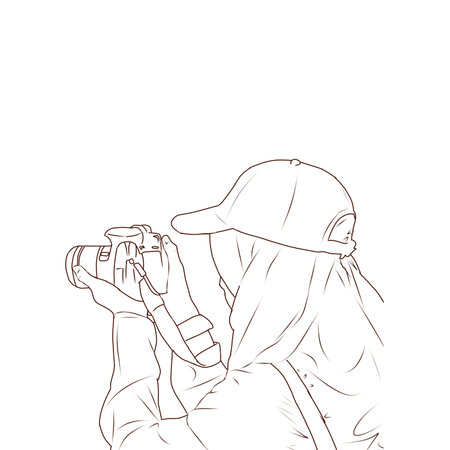 This stunning line art illustration depicts a woman wearing a veil, completely absorbed in the art of photography.の写真素材