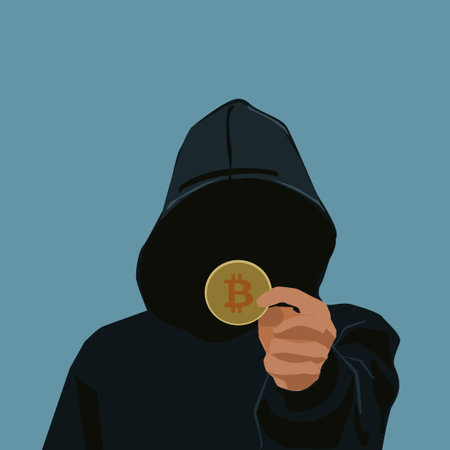 an unidentified individual wearing a hoodie jacket and holding a Bitcoin in their hand.のイラスト素材