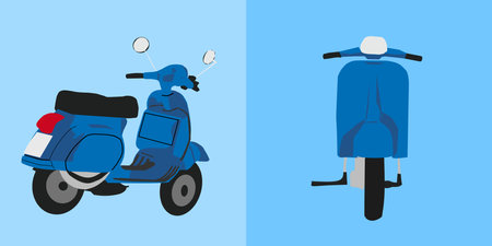 two blue scooters placed side by side. One scooter is facing forward, while the other is facing sideways.のイラスト素材