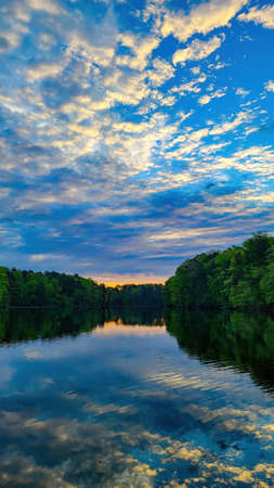 Cloudy morning with a sunrise glow behind trees