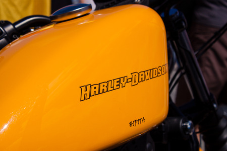Detail from Harley Davidson logo on motorcycle reservoir , Cascais, Portugal. November 2017