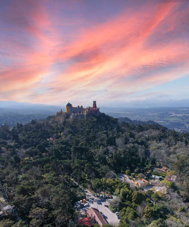 Aerial view from a palace on the top of a mountain. Pena National Palace in Sintra, Portugalのeditorial素材