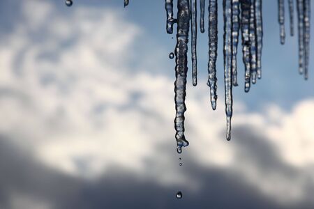 Beautiful Melting Icicles Detail Hanging On Top And Drippingの写真素材