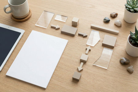 Tablet displaying a downward trend chart on an office desk with notebook and cards, representing reporting, analytics, and performance review.の素材