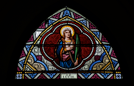 Samutsongkram, Thailand, 13 July, 2014, Stained glass window in Our Lady of Nativity Cathedral , The Church of the Virgin Mary of Asanawihan Maephrabangkerdのeditorial素材