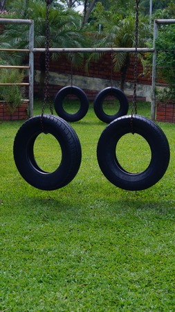 Tire swing in green gardenの写真素材