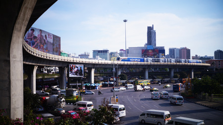 BANGKOK - September 20: Transport in the capital of Thailand. Skytrain or BTS at victory monument  is popular because it is fast., Thailand on September 20, 2014.のeditorial素材