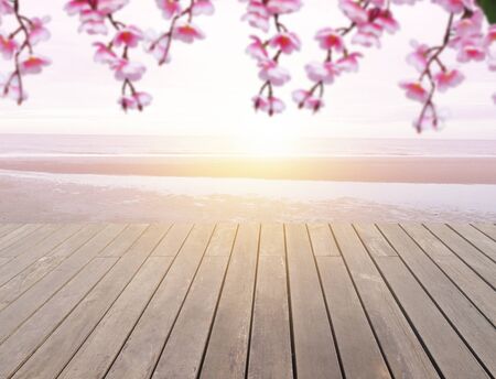 Wood table top and background  with blur  pink cherry blossom flowers - can used for display or montage your productsの写真素材