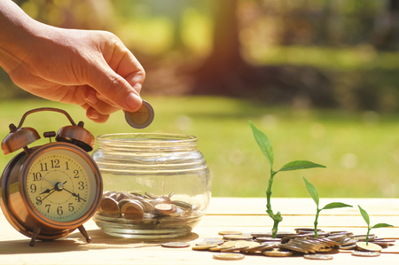 hand put money  at  jary with alarm clock and small tree growth up on staked of coins on wood  background, concept in growth, save and investment in businessの写真素材