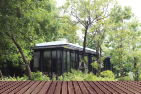 Empty wooden table  floor and wall for present and show products on house and garden background, copy space for putting object to display and  advertiseの写真素材
