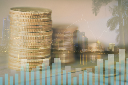 Double exposure cita and stacked of coin money with account, finance and banking concept for background.concept in grow and walk step by step for success in businessの写真素材