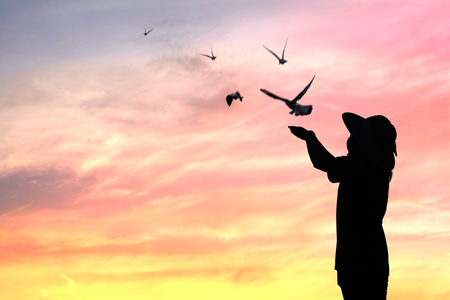 silhouette people release birds to be freedom and freeの写真素材