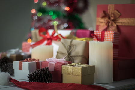 Christmas gift boxs on tableの写真素材
