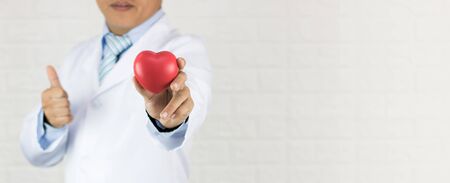 heart disease and healthy concept, doctor holding red heart to confirm and protection body on white wall backgroundの写真素材
