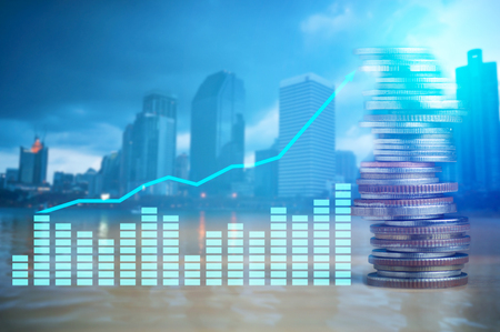Finance, profit, capital banking and investment concept, Double exporsure stacked of coins and night...