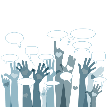 Group of raising hands with bubble chat cloud, vectorのイラスト素材