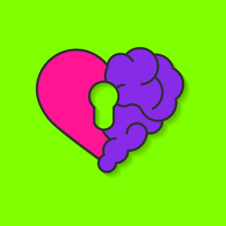 Emotional brain lock security. Broken Heart and Brain with key hall vector flat modern icon logo vector design. Interaction between soul key for intelligence, emotions, loneliness, divorce, broken relationship, rational thinkingのイラスト素材