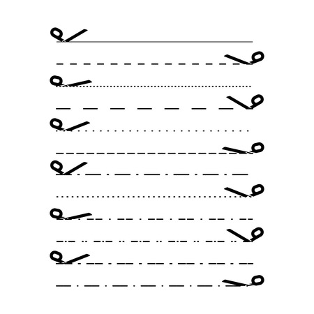 Scissors vectors with cut lines, dot, dashed lines. Dividing lines cutout. Vector