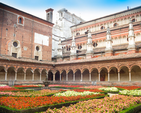 Cloister and flowers, Certosa di Pavia, Italyの写真素材